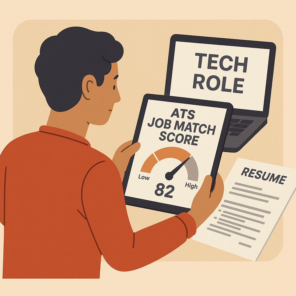 Job seeker reviewing ATS Job Match Score on resume before applying for tech role